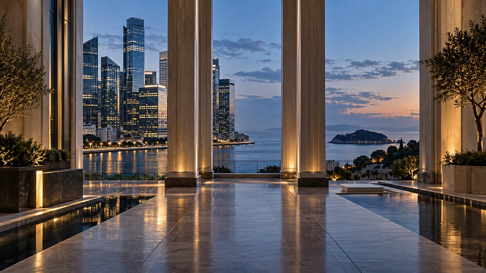 Quartier financier international et littoral au crépuscule